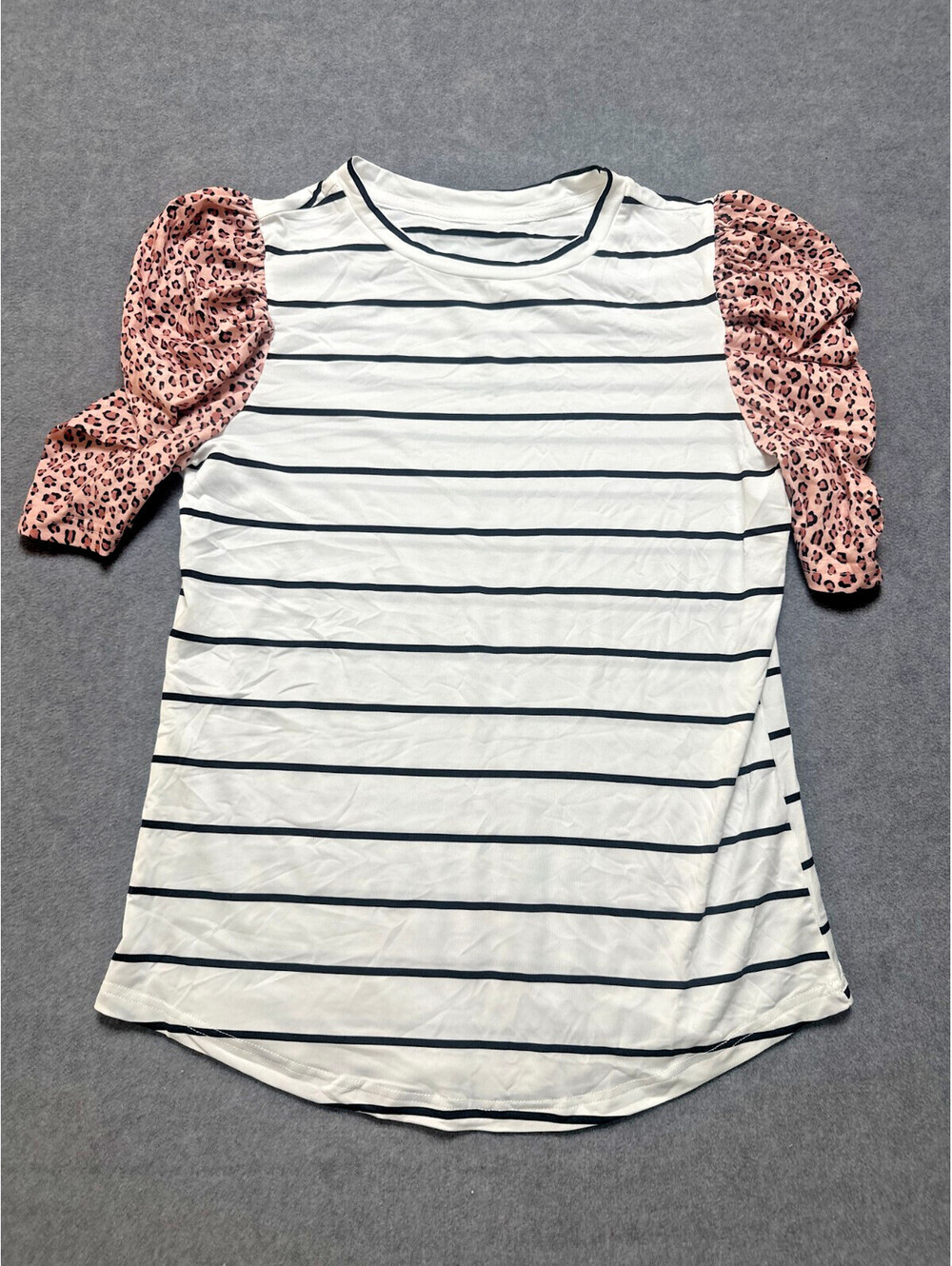 Women’s Striped Top Pink Leopard Puff Sleeve Blouse Small Boutique Style